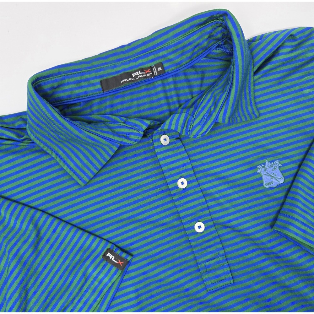 Ralph Lauren RXL‎ Polo Shirt Mens 2XL Golf Blue/Green Striped Casual Preppy